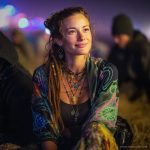 Edgy looking alternative hippy woman smiling, sitting down outside, wearing Alex Tooth Emerald StarGate Waylight Scarf.