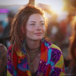 Edgy looking alternative hippy woman smiling, sitting down outside, wearing Alex Tooth Inner flight Waylight Scarf.