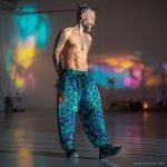 Alternative looking hippy style man inside a yoga studio wearing Alex Tooth Emerald StarGate FlowState Pants.