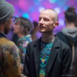 Man at social function, wearing wearing Alex Tooth Emerald StarGate Long Sleeved Balance Tee T-Shirt underneath his blazer.