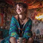 Alternative hippy boho style woman sitting down inside wearing buckle up fleece lined Alex Tooth Emerald StarGate Vision Robe.