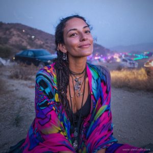 Edgy looking alternative hippy woman smiling, sitting down outside, wearing Alex Tooth Radiant Bloom Waylight Scarf.