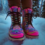 A pair of Alex Tooth Radiant Bloom Driftwalker boots in an outdoor winter setting.