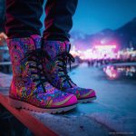 A pair of Alex Tooth Radiant Bloom Driftwalker boots in an outdoor winter setting.