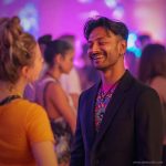 Man at social function, wearing wearing Alex Tooth Radiant Bloom Long Sleeved Balance Tee T-Shirt underneath his blazer.