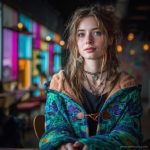 Alternative hippy boho style woman sitting down inside wearing buckle up fleece lined Alex Tooth Emerald StarGate Vision Robe.