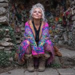 Alternative looking hippy woman sitting outside smiling, wearing long zip up fleece lined Alex Tooth Radiant Bloom Ritual Robe