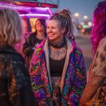 Alternative looking hippy woman standing outside wearing long zip up fleece lined Alex Tooth Radiant Bloom Ritual Robe