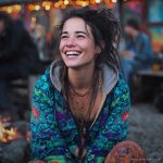 Alternative looking hippy woman sitting outside smiling, wearing long zip up fleece lined Alex Tooth Emerald StarGate Ritual Robe