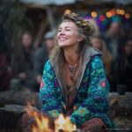 Alternative looking hippy woman sitting outside smiling, wearing long zip up fleece lined Alex Tooth Emerald StarGate Ritual Robe