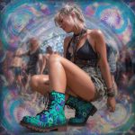 A pair of combat boots at a music festival, the boots are Alex Tooth Emerald StarGate Spirit Boots.