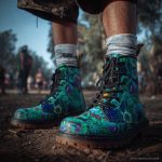 A pair of combat boots at a music festival, the boots are Alex Tooth Emerald StarGate Spirit Boots.
