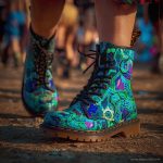 A pair of combat boots at a music festival, the boots are Alex Tooth Emerald StarGate Spirit Boots.