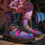 A pair of combat boots at a music festival, the boots are Alex Tooth Radiant Bloom Spirit Boots.