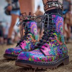 A pair of combat boots at a music festival, the boots are Alex Tooth Radiant Bloom Spirit Boots.