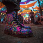 A pair of combat boots at a music festival, the boots are Alex Tooth Radiant Bloom Spirit Boots.