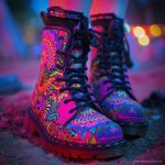 A pair of combat boots at a music festival, the boots are Alex Tooth Radiant Bloom Spirit Boots.