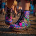 A pair of combat boots at a music festival, the boots are Alex Tooth Radiant Bloom Spirit Boots.