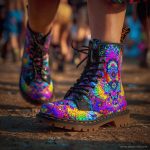 A pair of combat boots at a music festival, the boots are Alex Tooth Inner flight Spirit Boots.