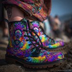A pair of combat boots at a music festival, the boots are Alex Tooth Inner flight Spirit Boots.