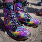 A pair of combat boots at a music festival, the boots are Alex Tooth Inner flight Spirit Boots.