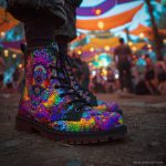A pair of combat boots at a music festival, the boots are Alex Tooth Inner flight Spirit Boots.