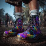 A pair of combat boots at a music festival, the boots are Alex Tooth Inner flight Spirit Boots.